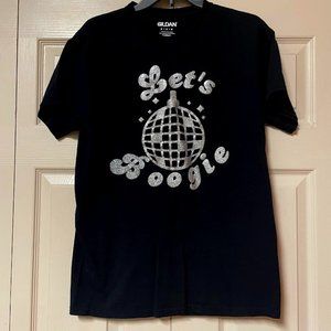 Black "Let's Boogie" 70's Disco Ball Gildan T-Shirt Silver Glitter Print Sz M